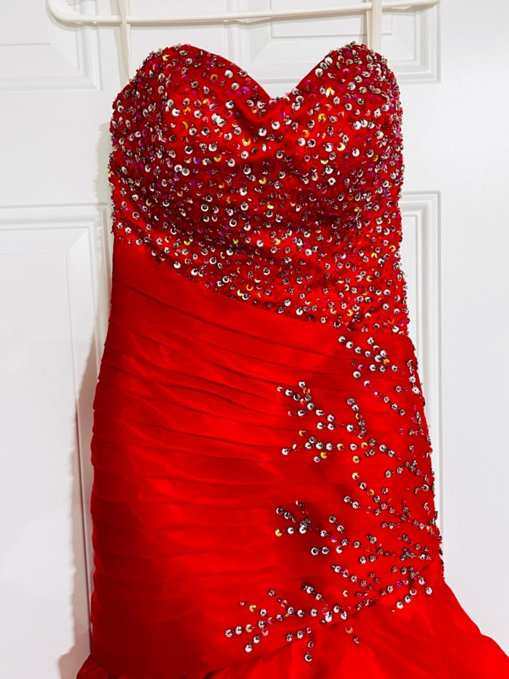 Red Strapless Beaded Evening Gown
